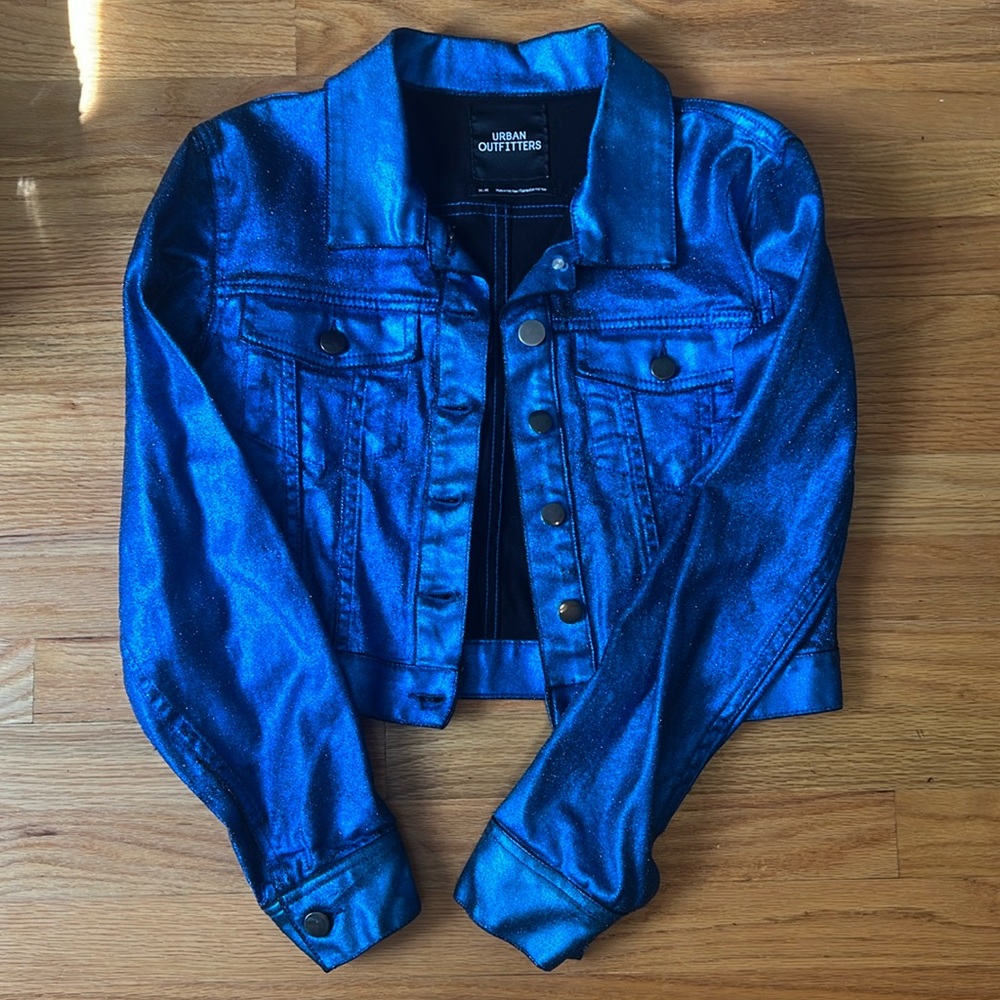 Urban Outfitters Cropped Blue Metallic Jacket